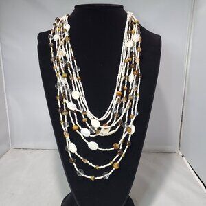 Banana Republic 9-Strand Crochet cream brown seed bead shell Necklace